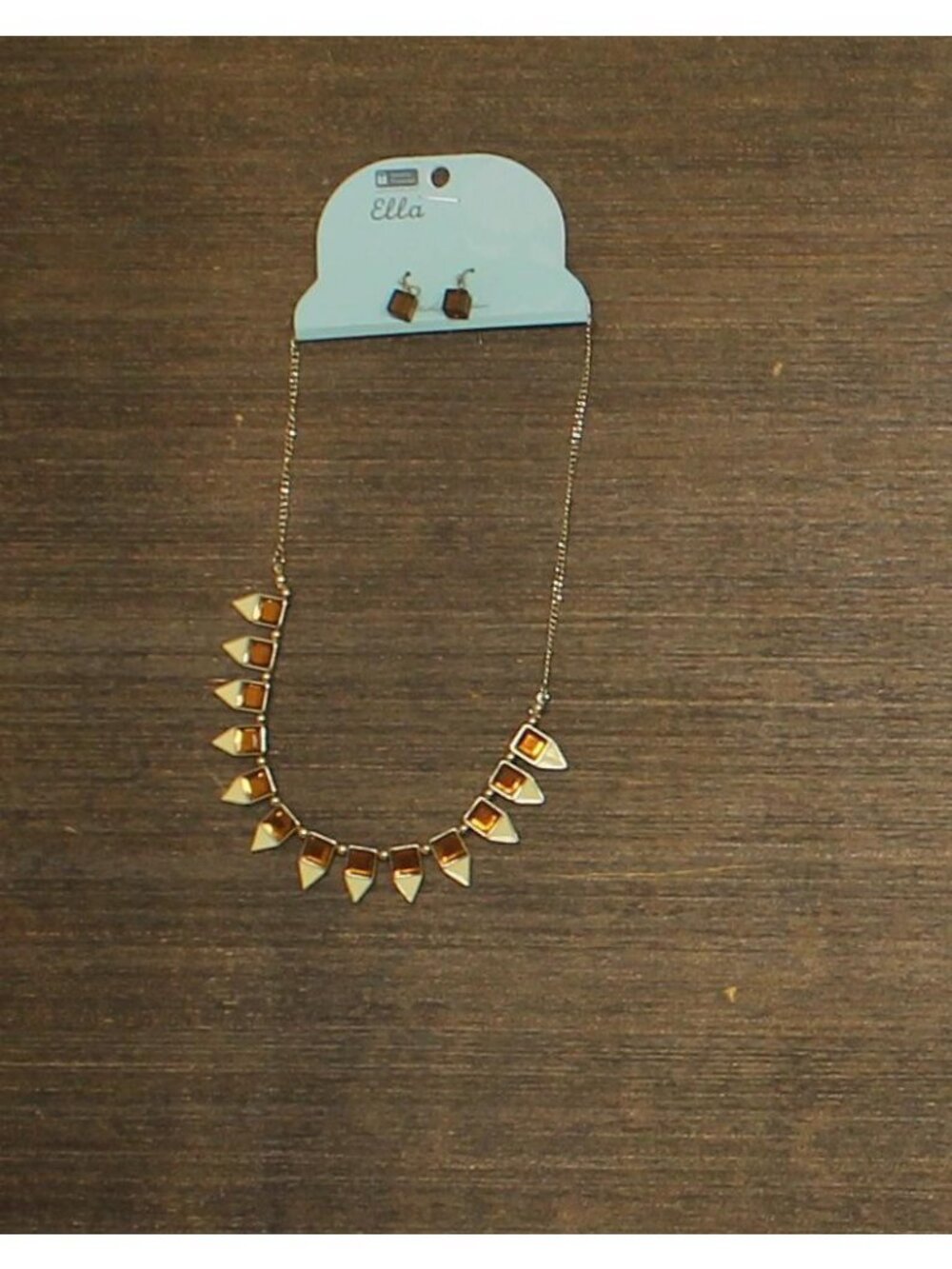 NWT Ella Geometric Pendant Dangly Earring Necklace Set Gold / Brown 18" + 3"